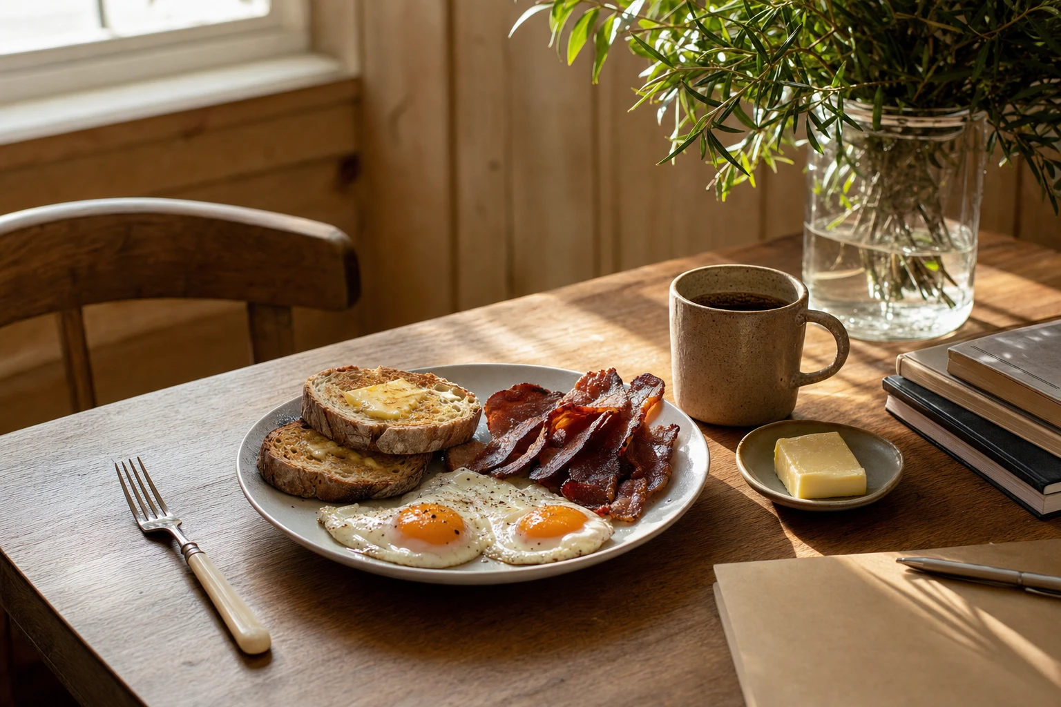 Desk with protein-forward breakfast: eggs, bacon, toast, butter