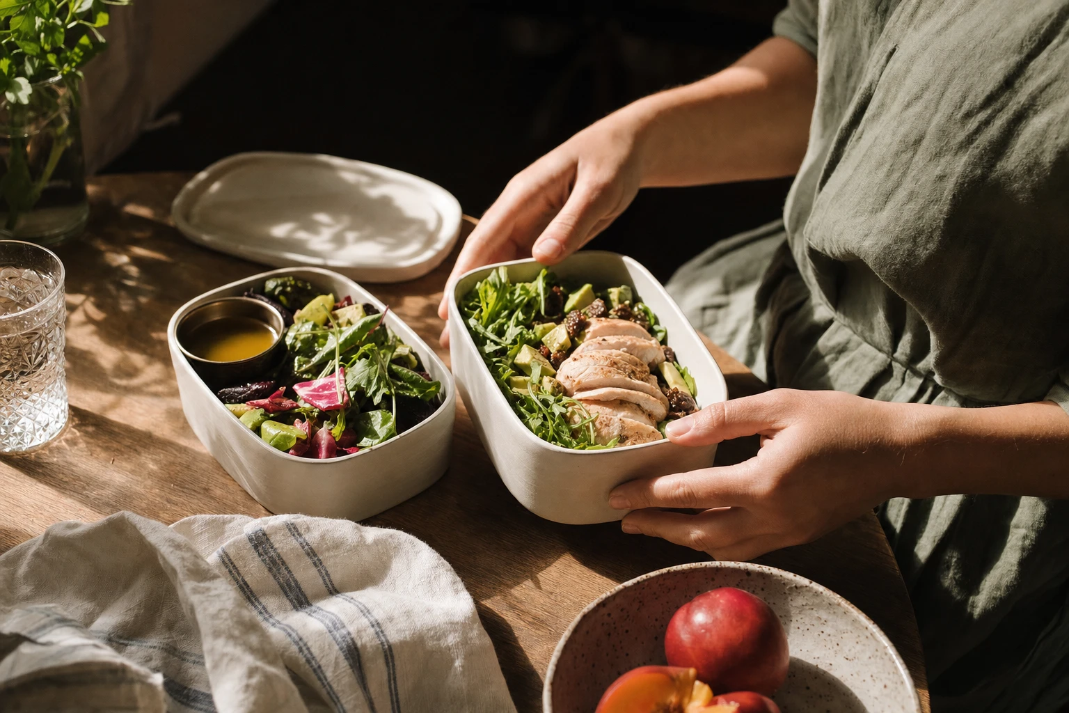 Lunch containers with protein, vegetables, and fat: chicken, salad, olive oil, fruit