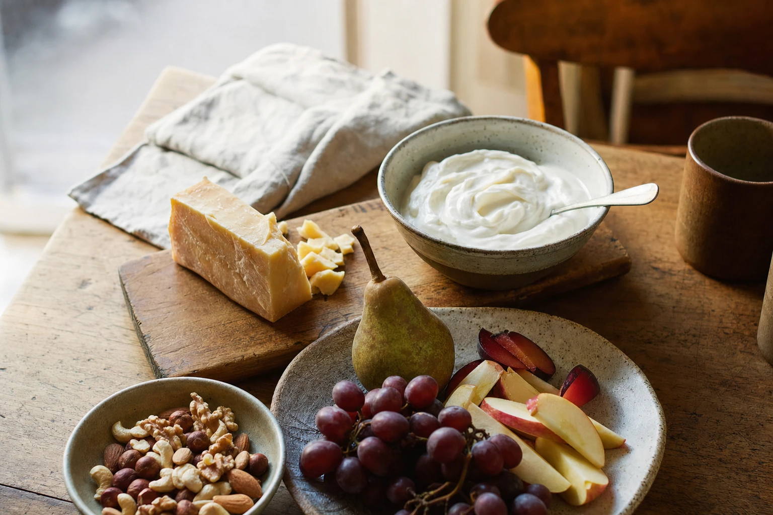 Afternoon snack options: cheese, nuts, fruit, full-fat yoghurt