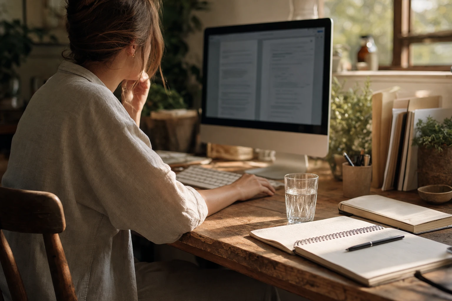Person at desk with water, note about blue light, posture