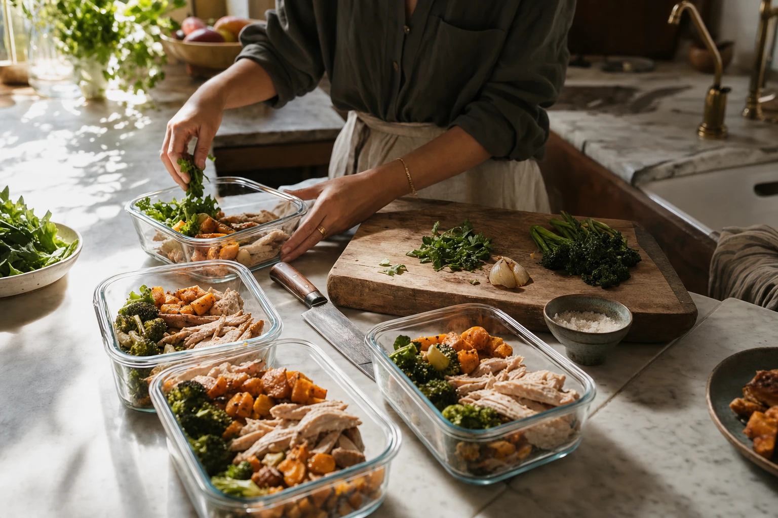 Simple meal prep showing batches of protein and vegetables ready for office lunches