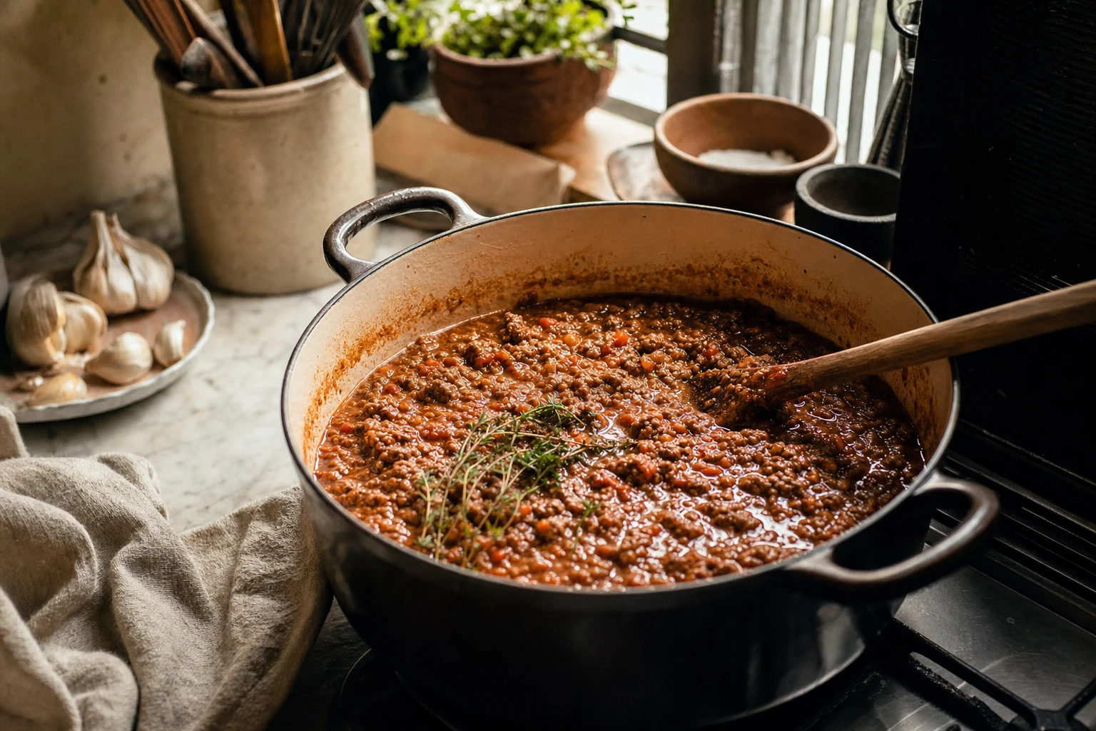 Pot of simmering bolognese, rich and dark, herbs visible