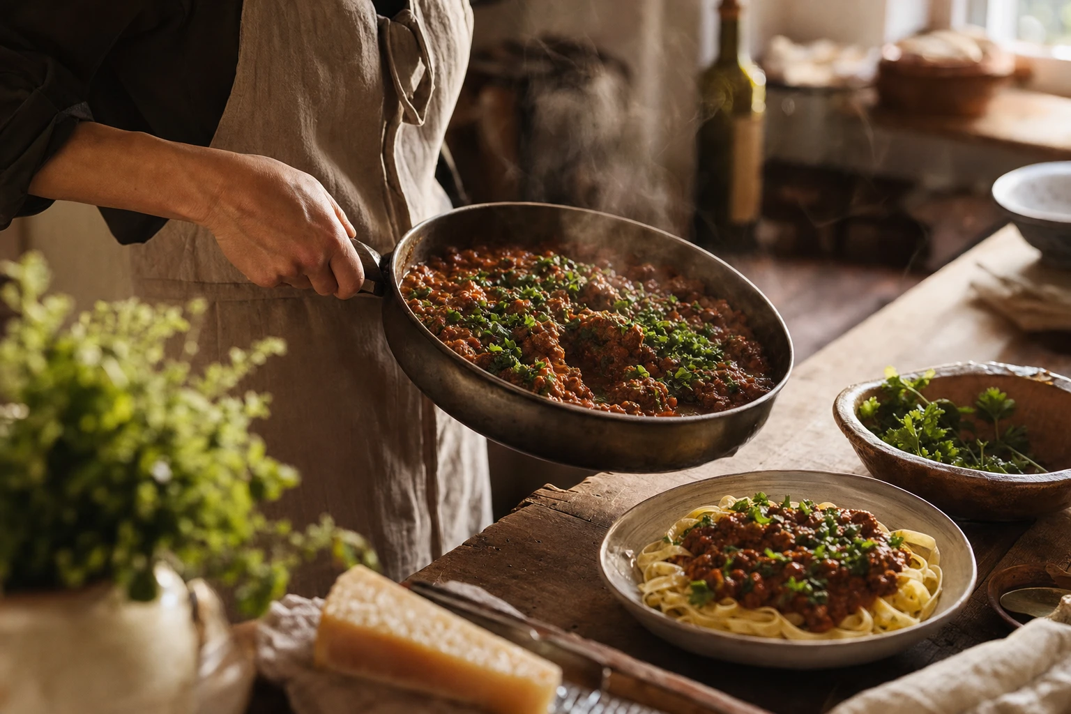 Final bolognese over pasta, fresh parsley on top, steam rising