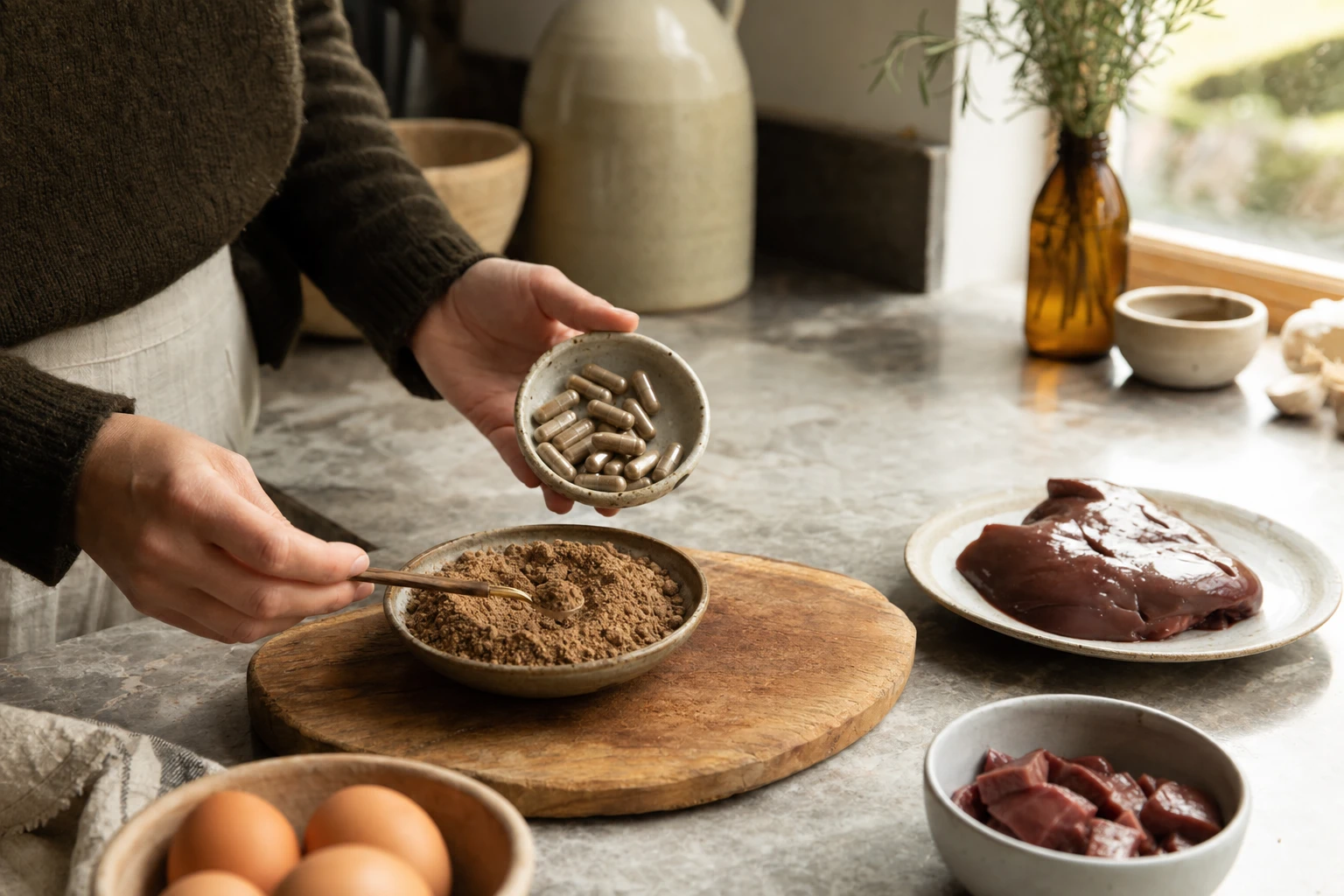 Organ meat capsules next to a scoop of organ meat powder