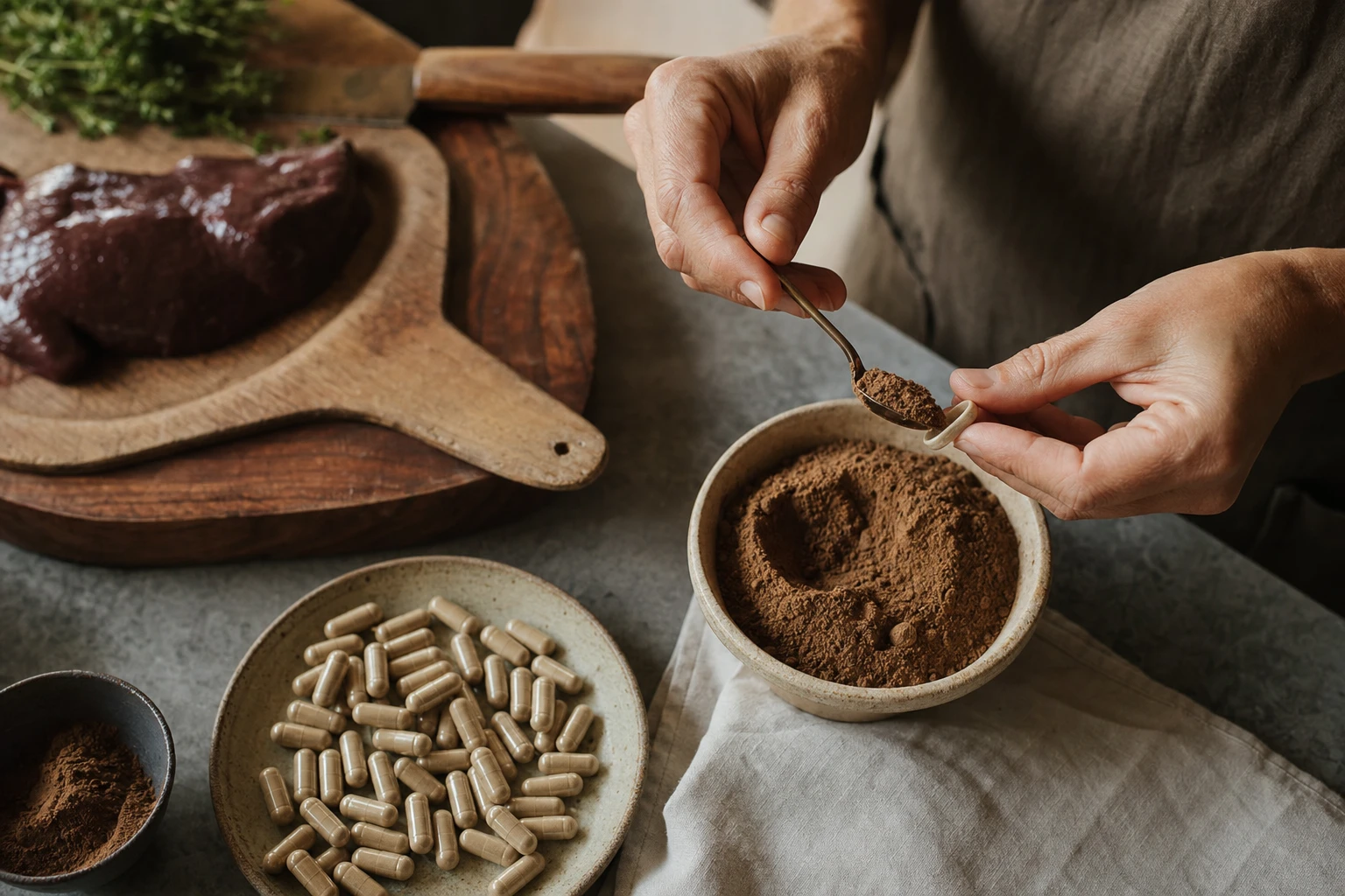 Organ meat powder being measured into a capsule