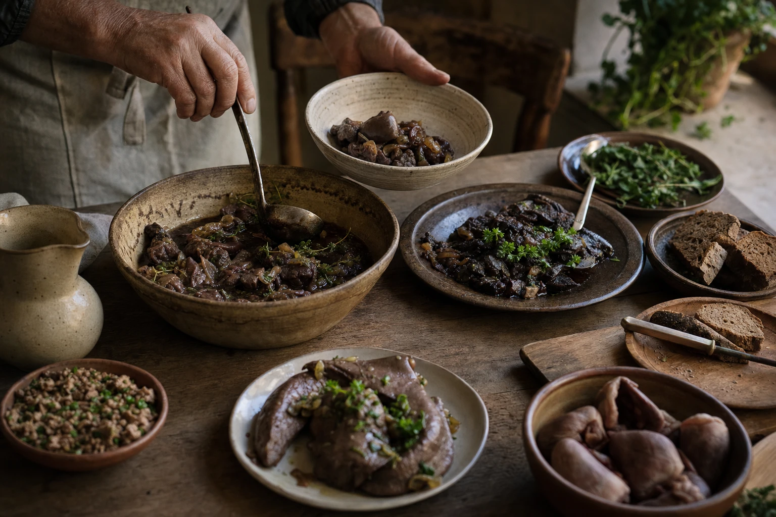 Traditional organ meat preparations on table