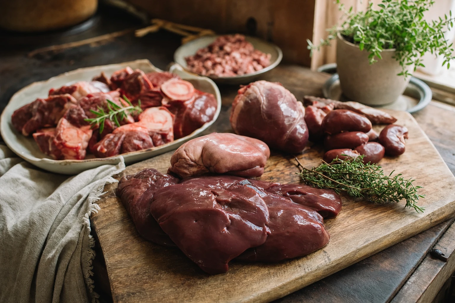 Traditional butchery display, organ meats on wooden cutting board with herbs