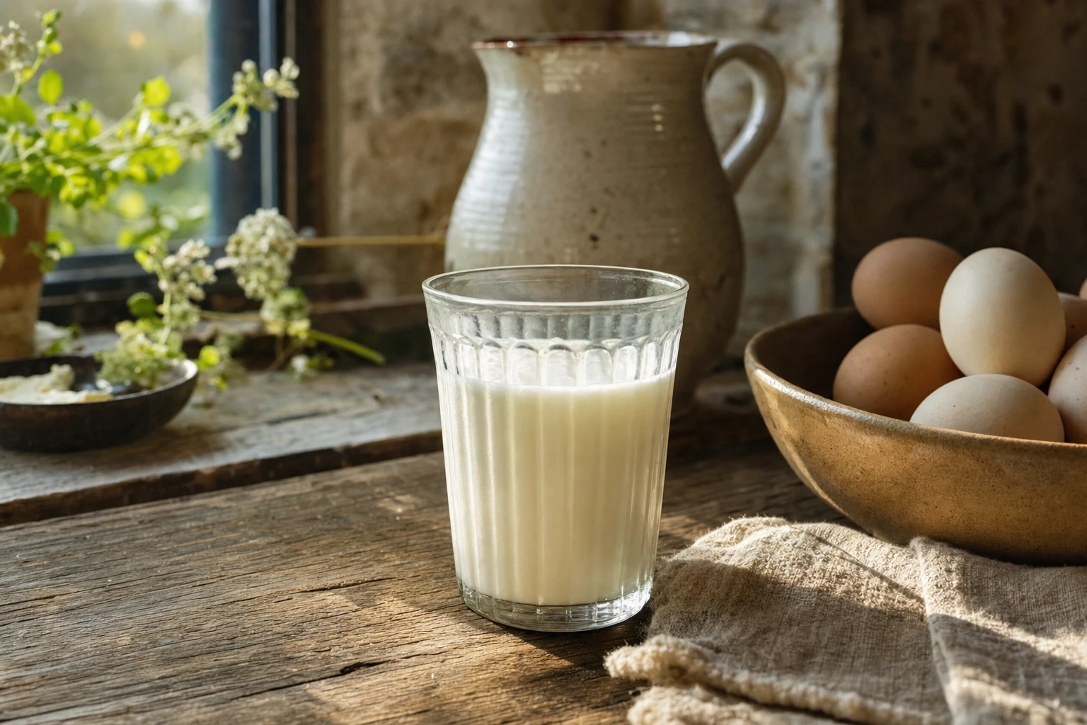 Glass of raw milk, pale and fresh, sunlight catching the liquid
