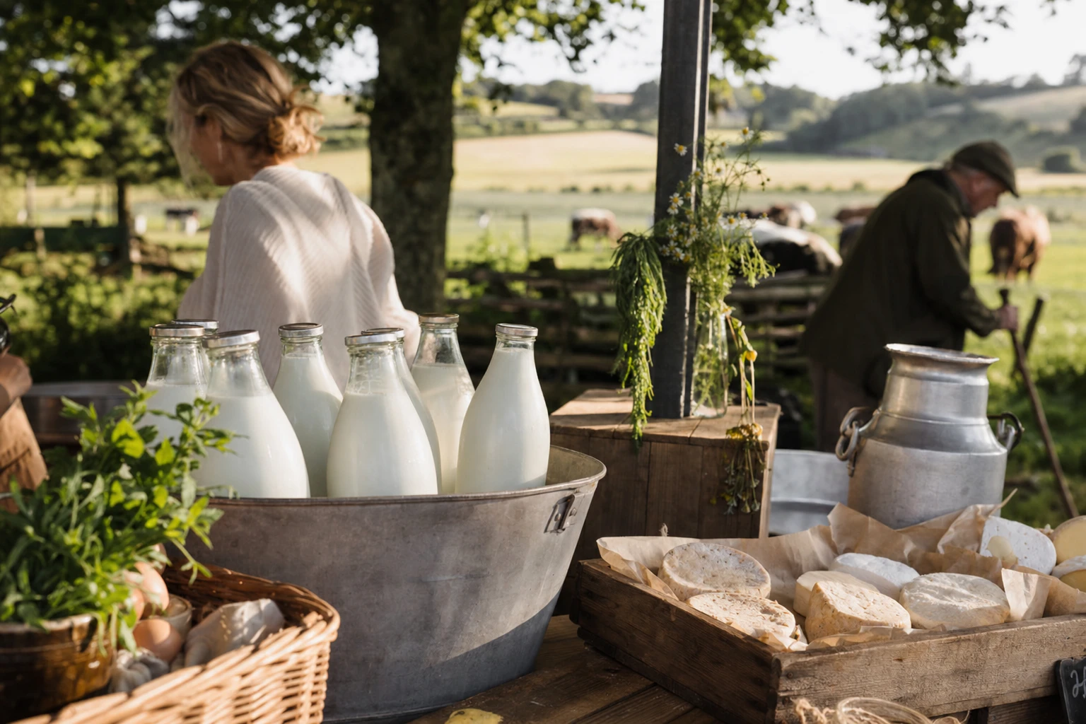 Farmers market scene, bottles of raw milk visible, dairy/grass backdrop