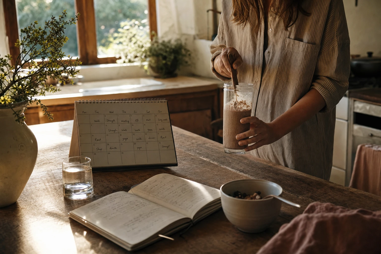 Morning light on Organised shake, calendar showing daily routine