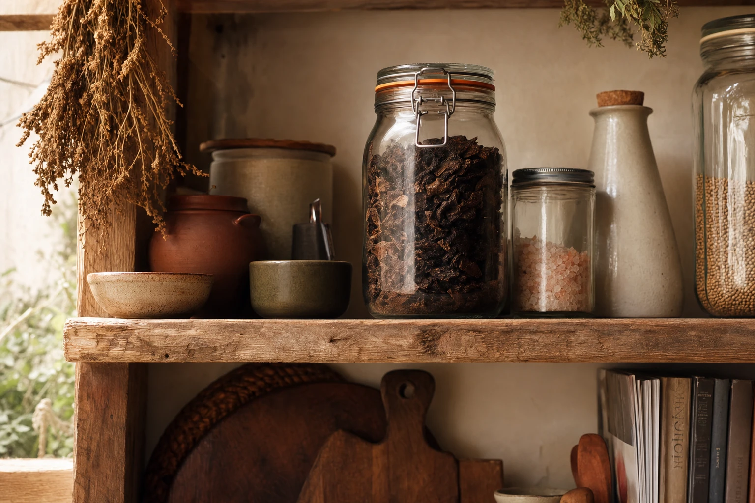 Sealed jar of Organised on a kitchen shelf, organised and dry