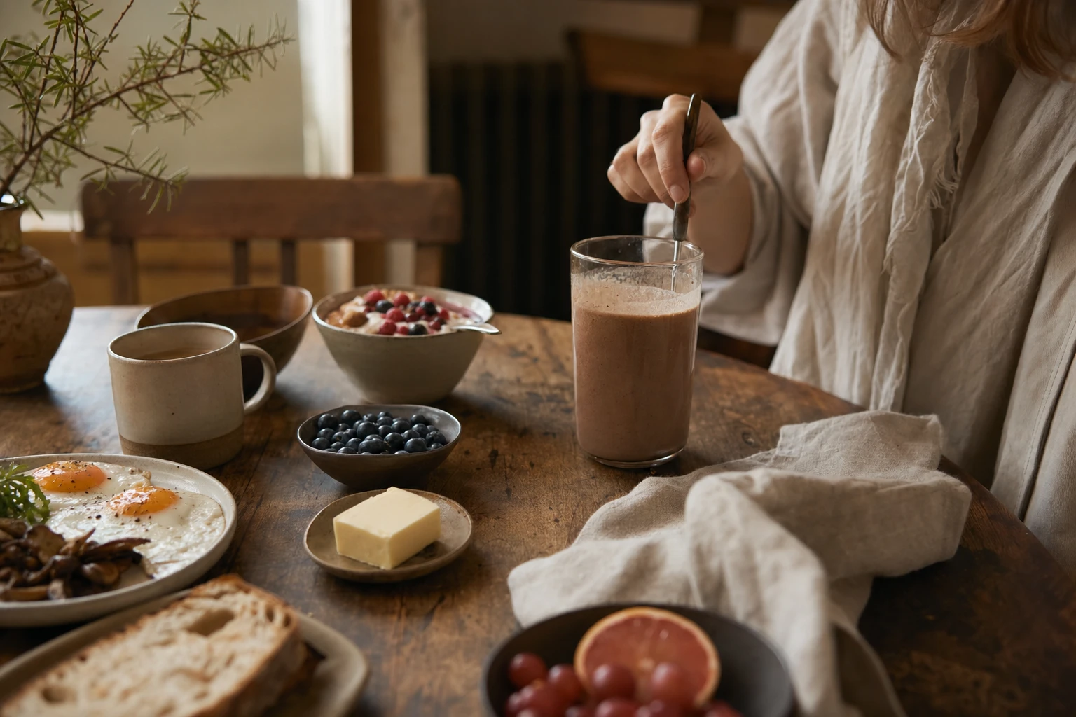 Morning breakfast setup with Organised shake and whole foods