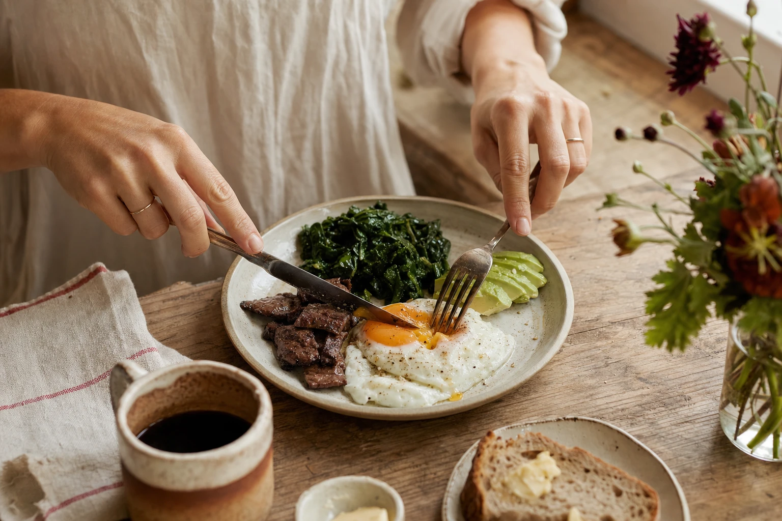 Healthy breakfast plate with eggs, greens, and protein