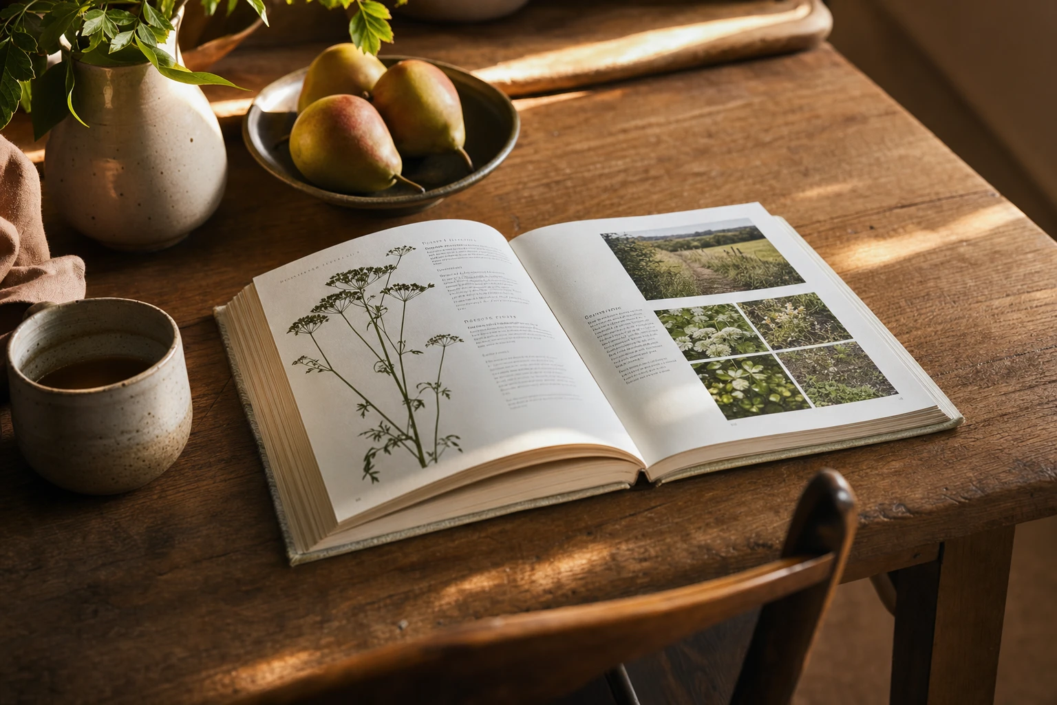 Field guide open on a table, pages visible, warm natural lighting