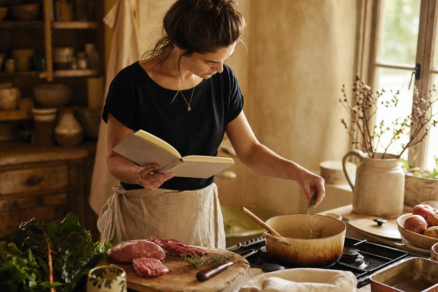 Hands using the guide while cooking, practical application