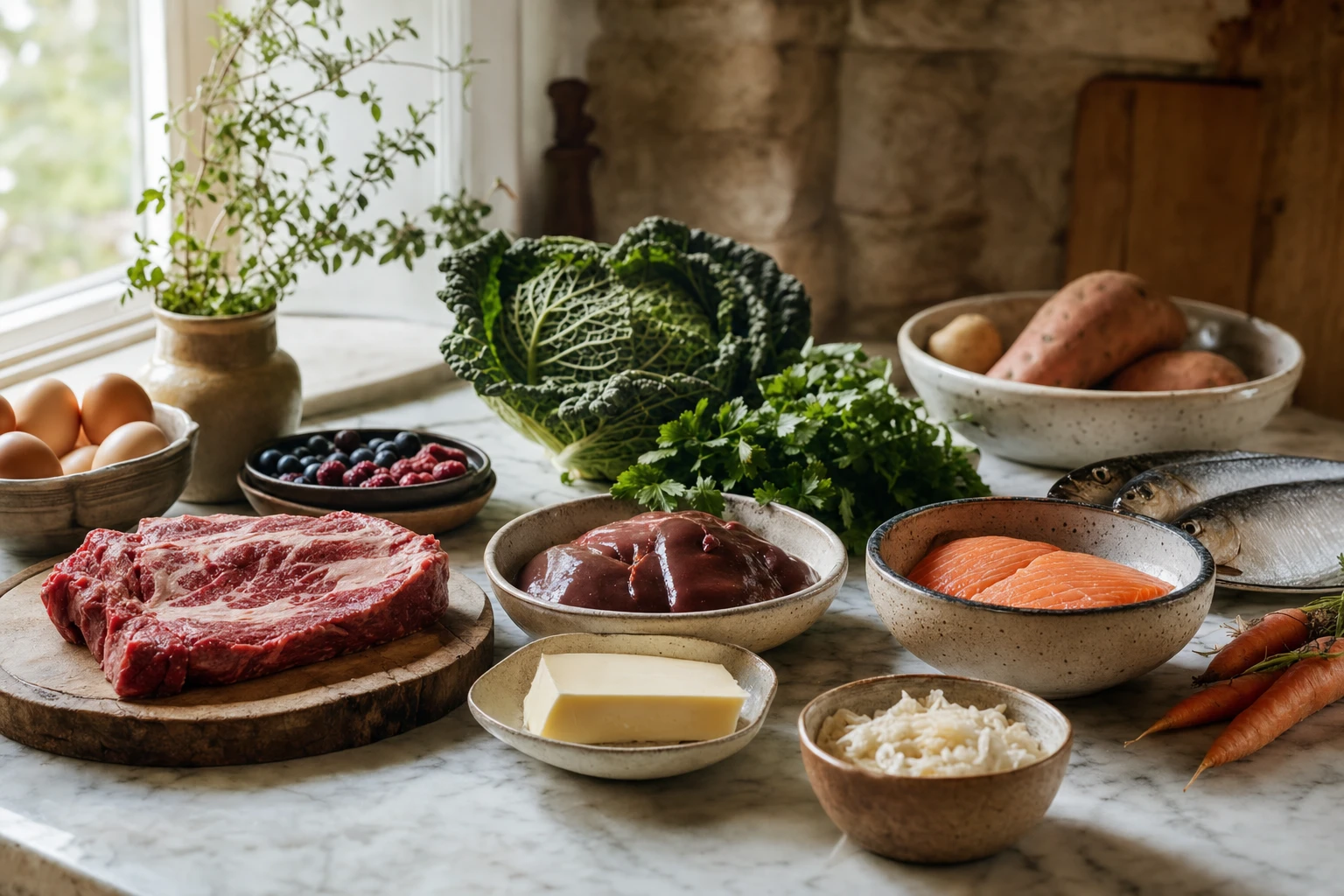 Variety of whole foods arranged by dietary framework