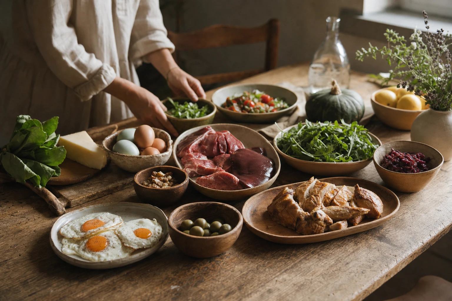 Whole foods associated with different dietary frameworks on a table