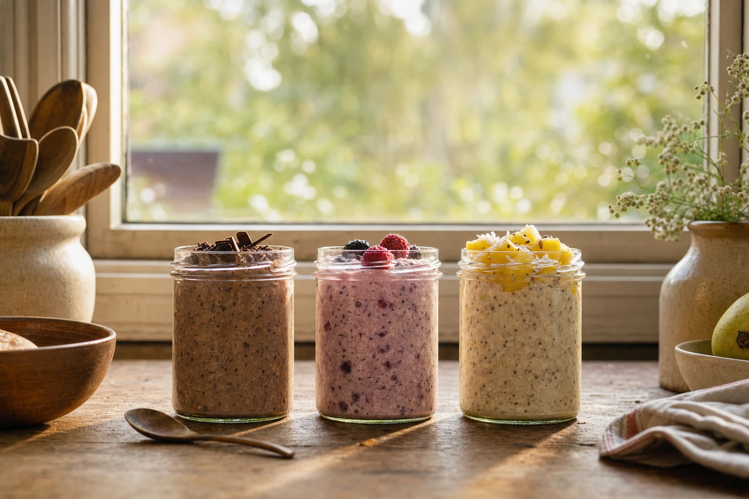 Three glass jars of overnight oats in different shades, lined up with morning light behind them