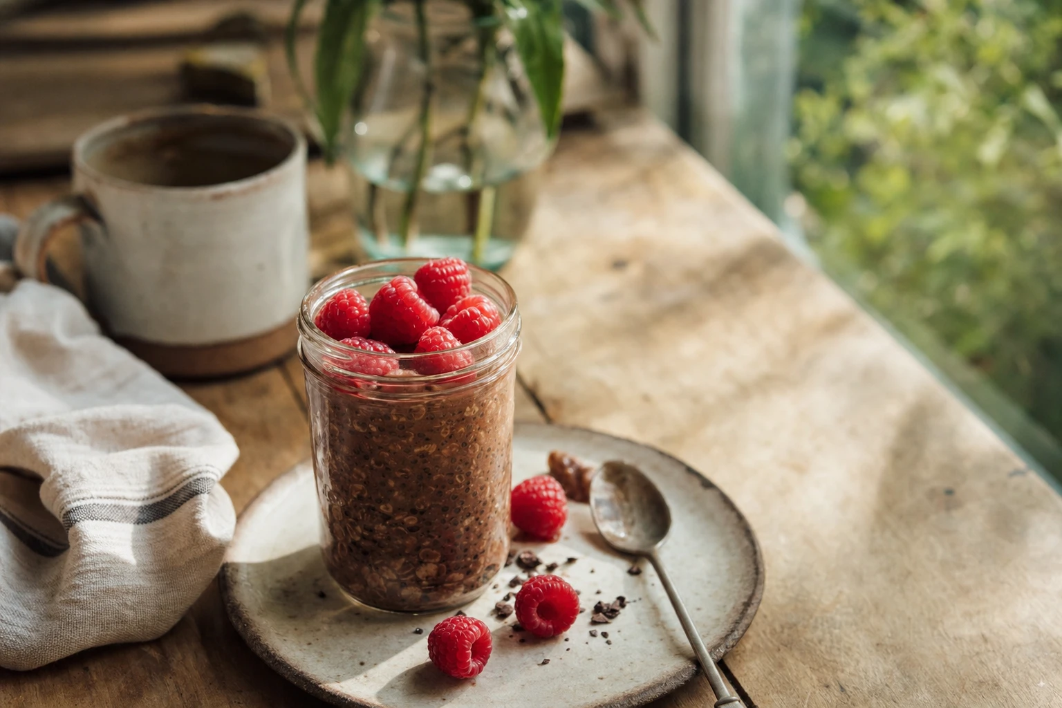 A jar of dark chocolate overnight oats topped with fresh raspberries