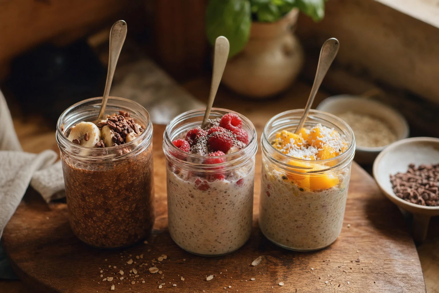 Three jars lined up with spoons, ready to eat