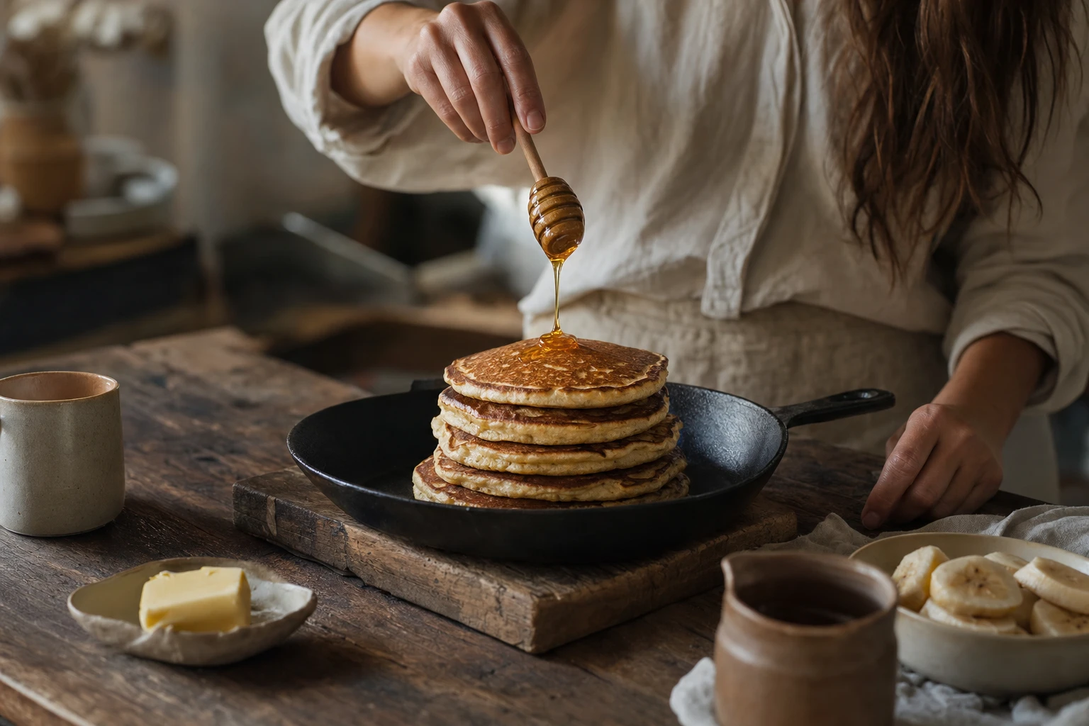 Golden pancakes stacked in a cast iron pan with raw honey drizzled on top