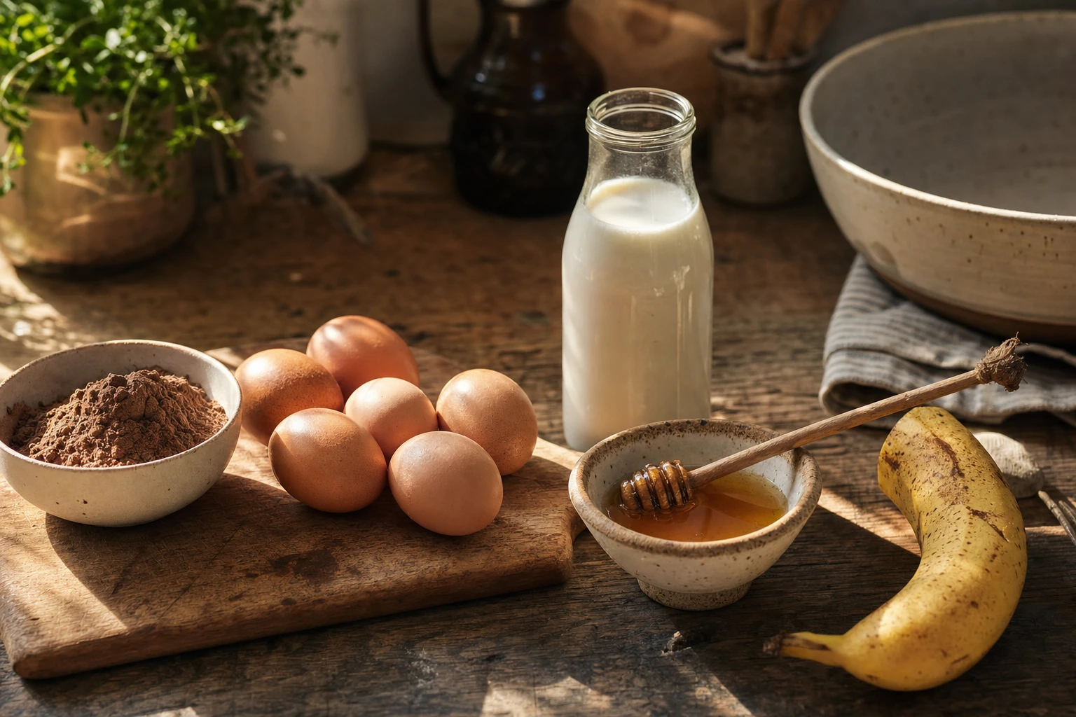 Ingredients laid out, raw eggs, beef protein powder, banana, raw honey, milk