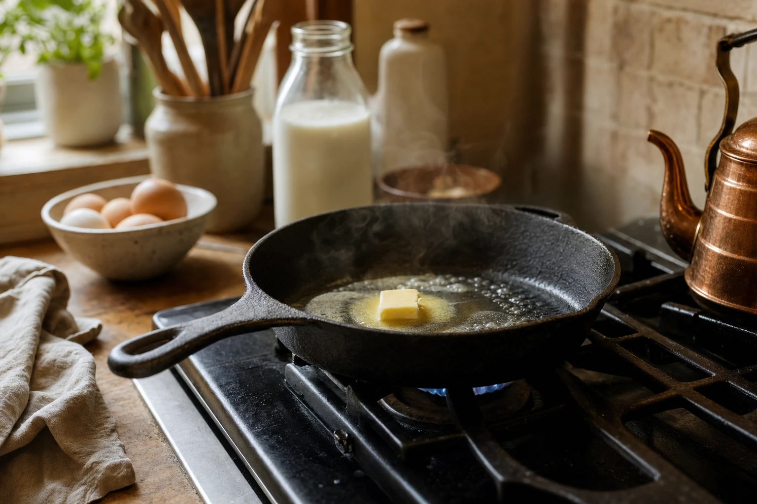 Cast iron skillet heating on stovetop with butter melting