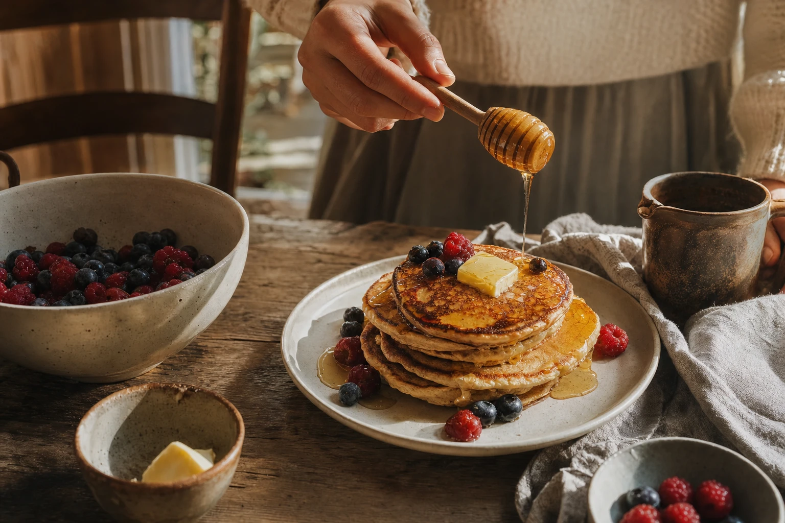 Pancakes plated with raw honey, butter, and fresh berries
