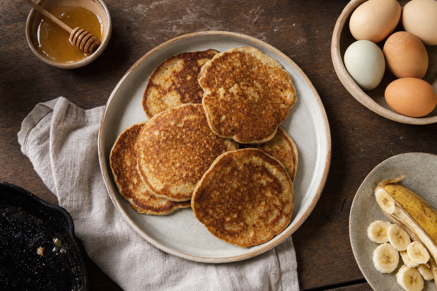 Completed pancakes from above, showing texture and golden colour
