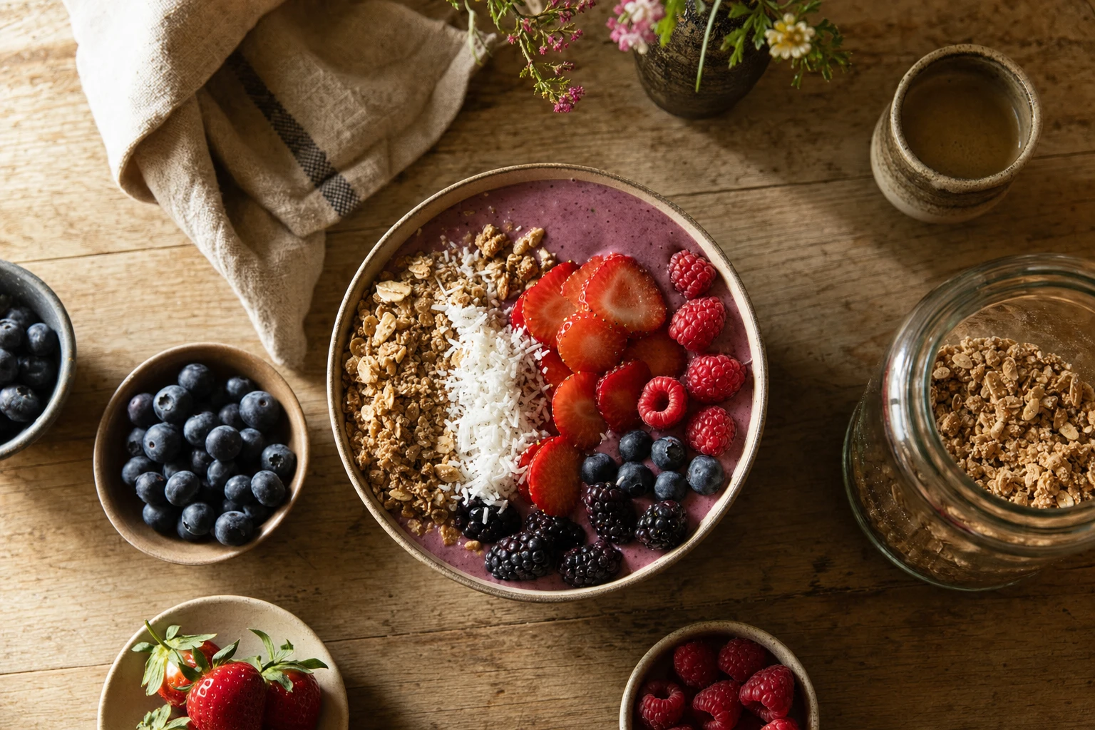 A vibrant smoothie bowl with fresh berries and granola
