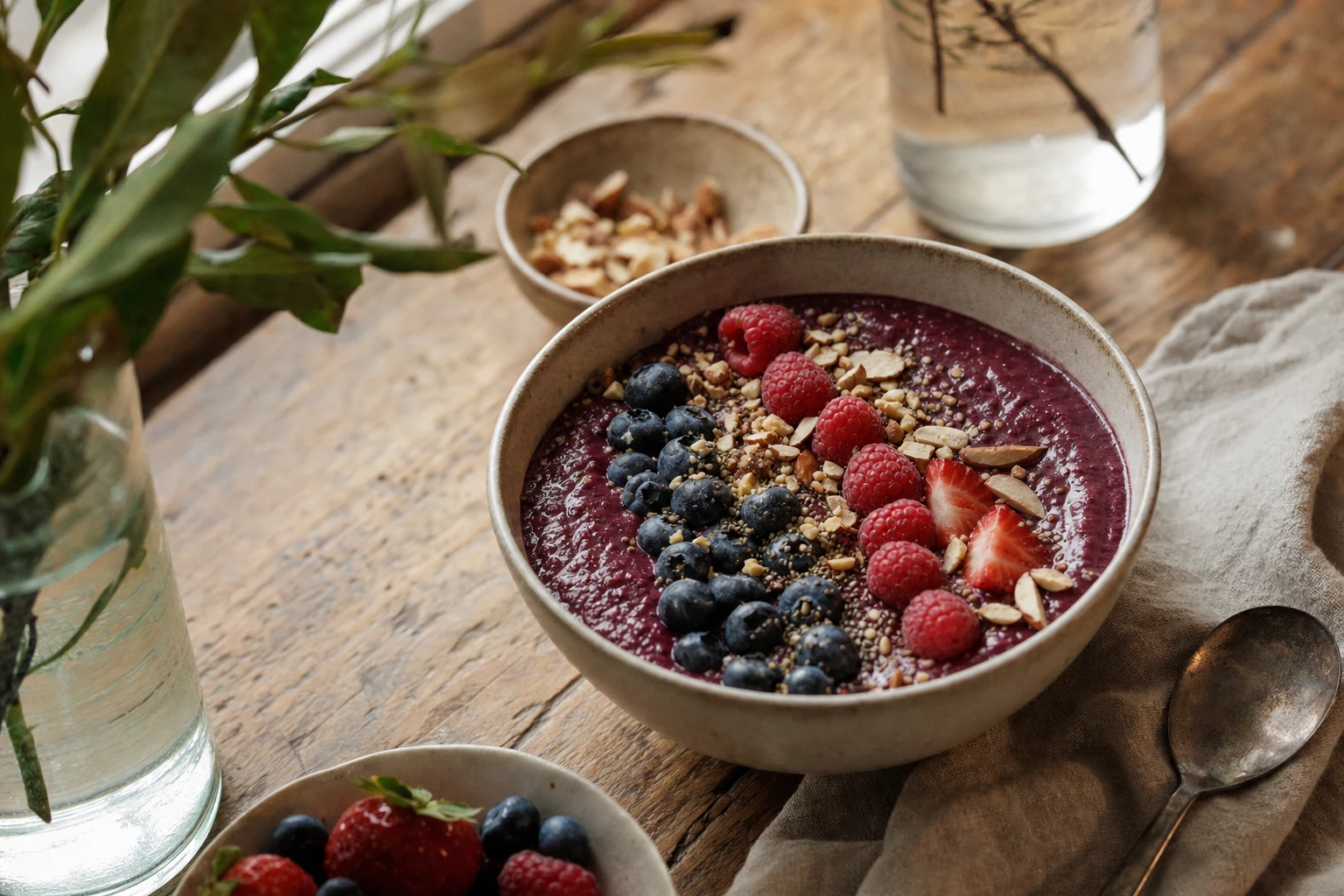 Vibrant berry bowl with crushed nuts and fresh toppings
