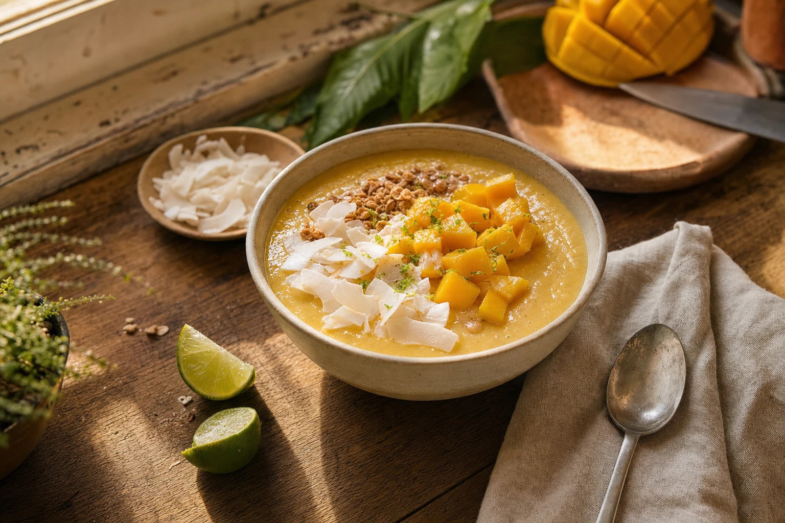 Tropical smoothie bowl with bright yellow mango visible, coconut flakes, and lime