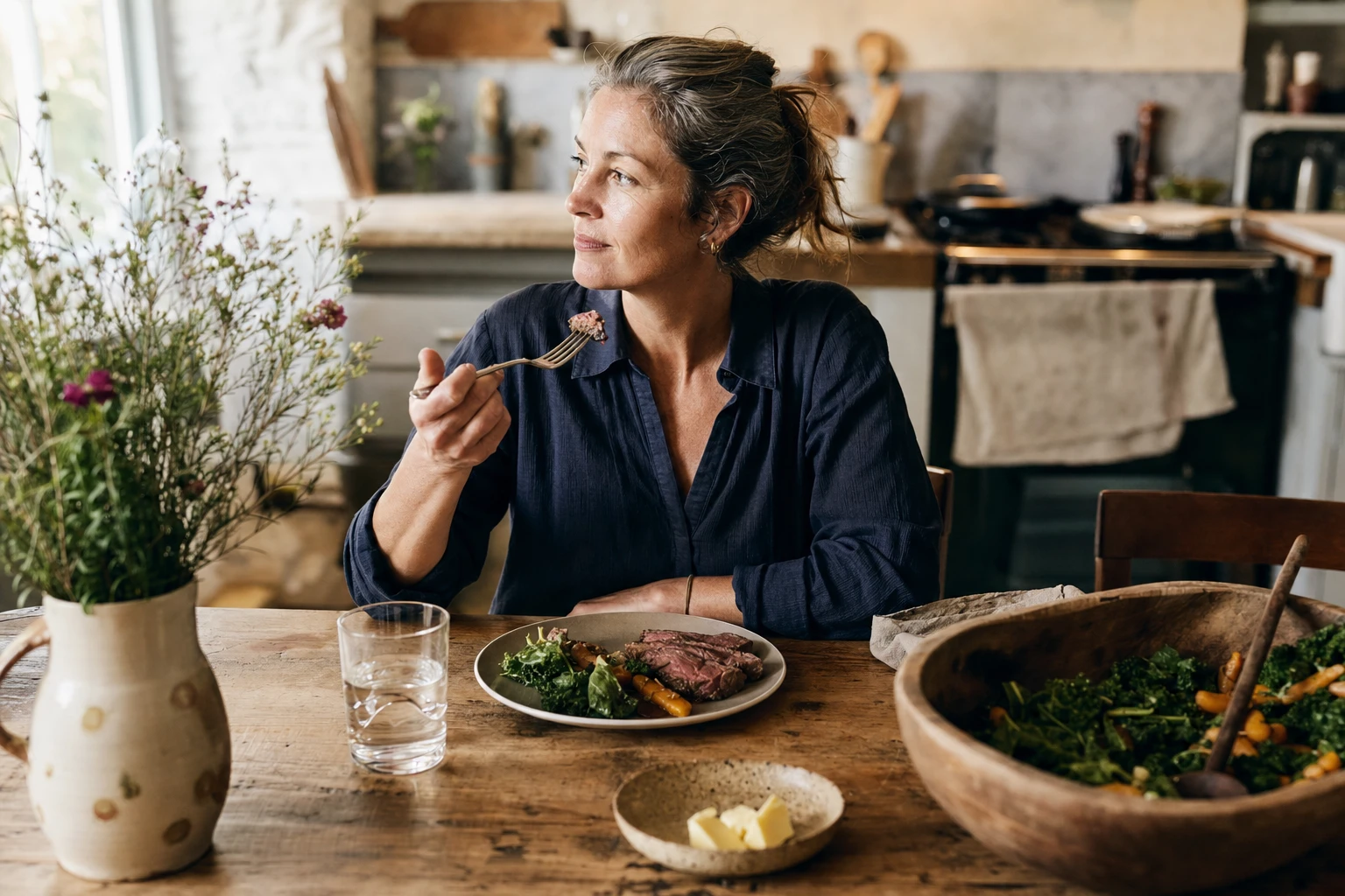 Woman in 40s or 50s eating a balanced meal with red meat, vegetables, and butter