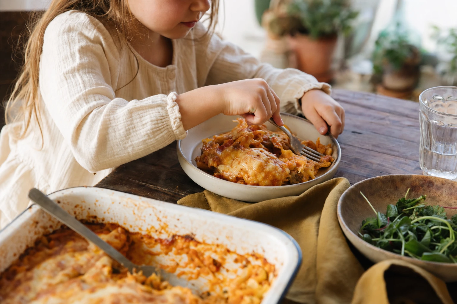 A child's plate with unrecognisable vegetables hidden in a familiar food