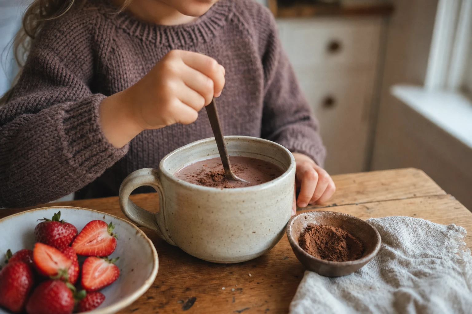 A bowl of chocolate milk with nutrient powder being stirred in