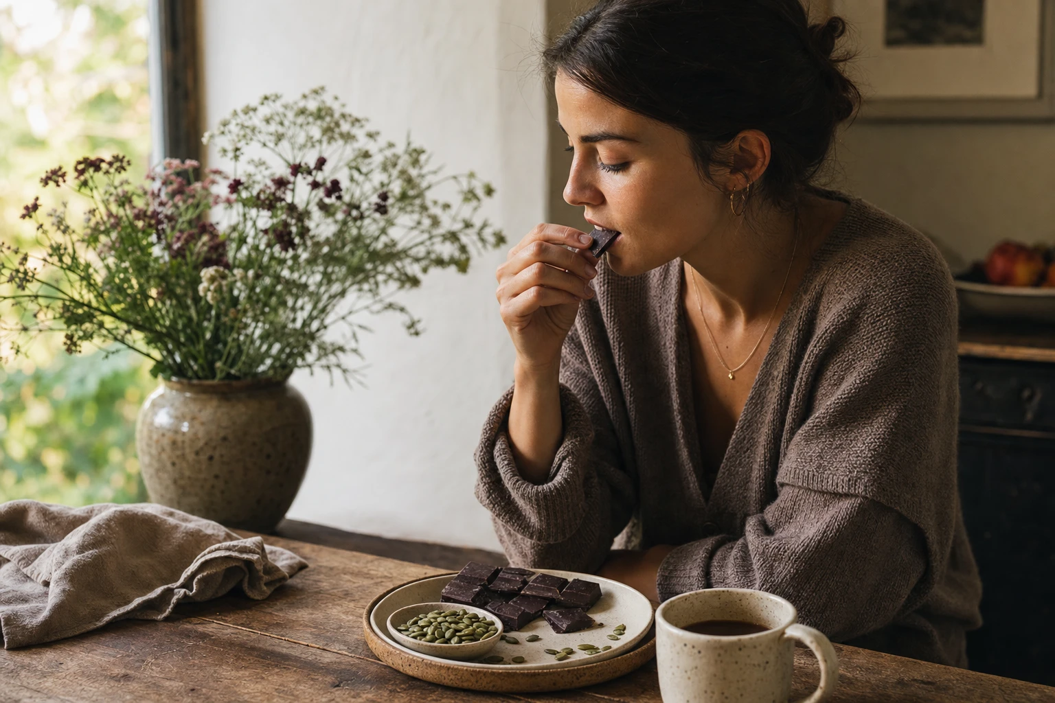 Woman eating magnesium-rich dark chocolate and pumpkin seeds