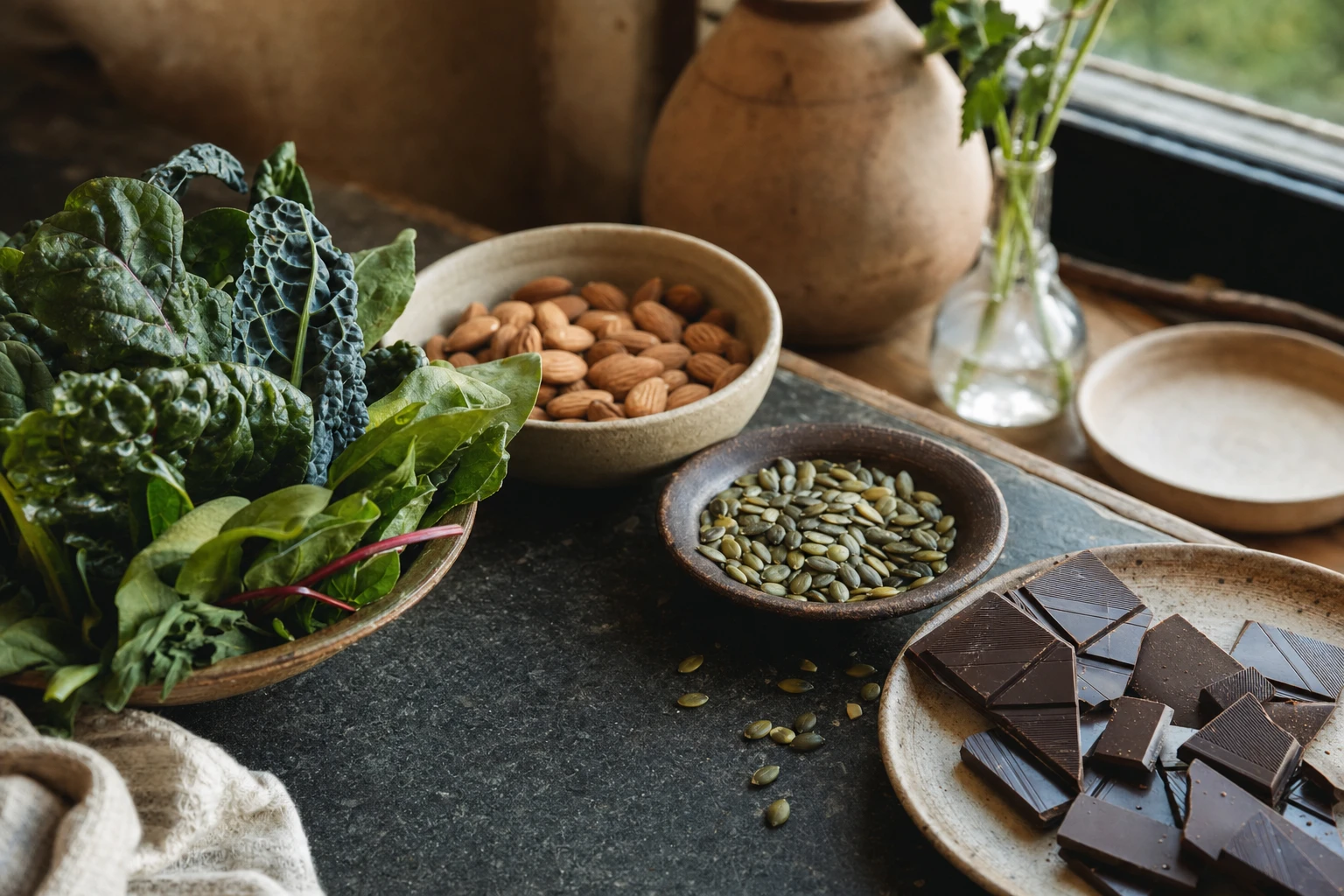 Magnesium-rich foods arranged: pumpkin seeds, dark chocolate, leafy greens, almonds