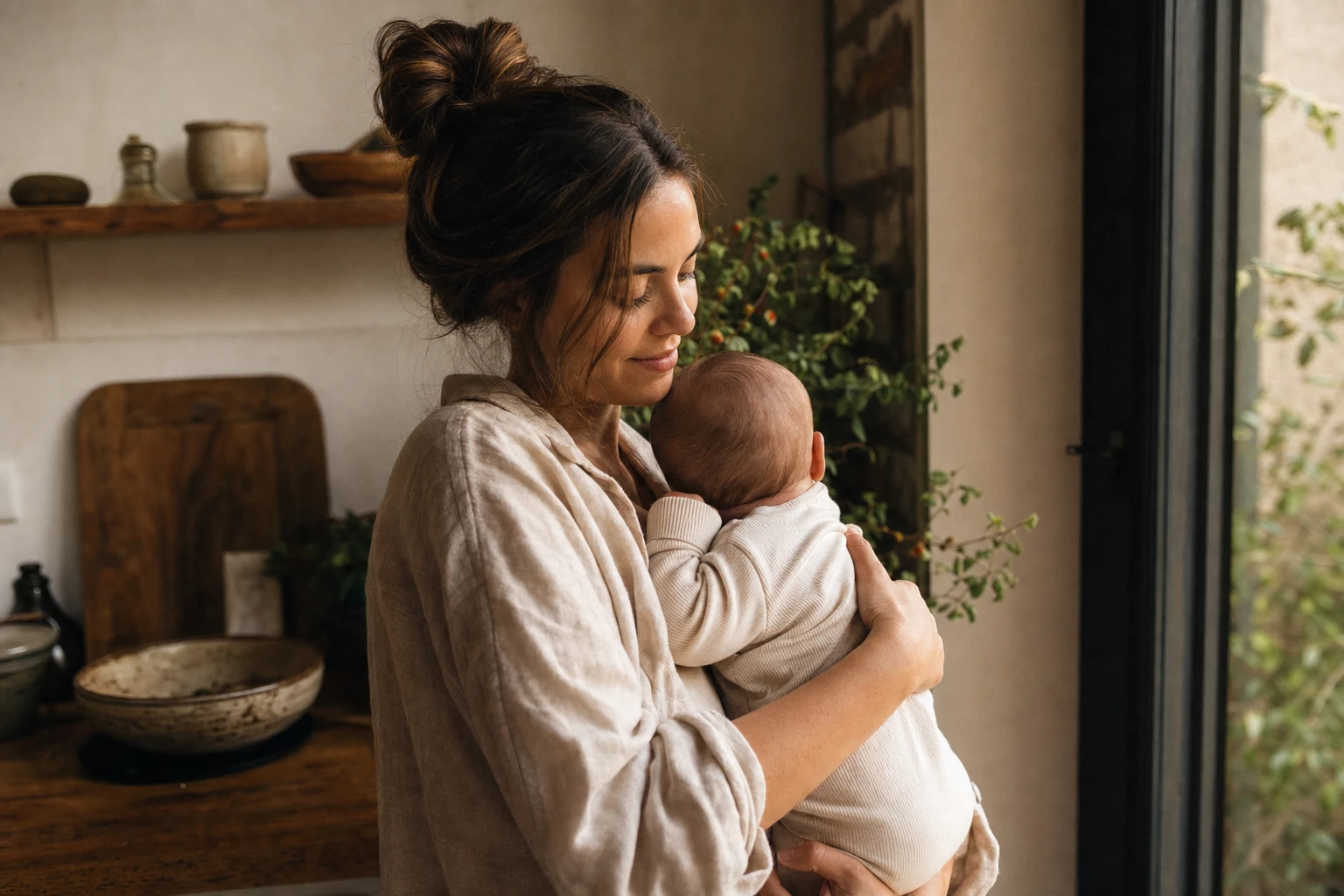 Woman holding baby, soft natural lighting