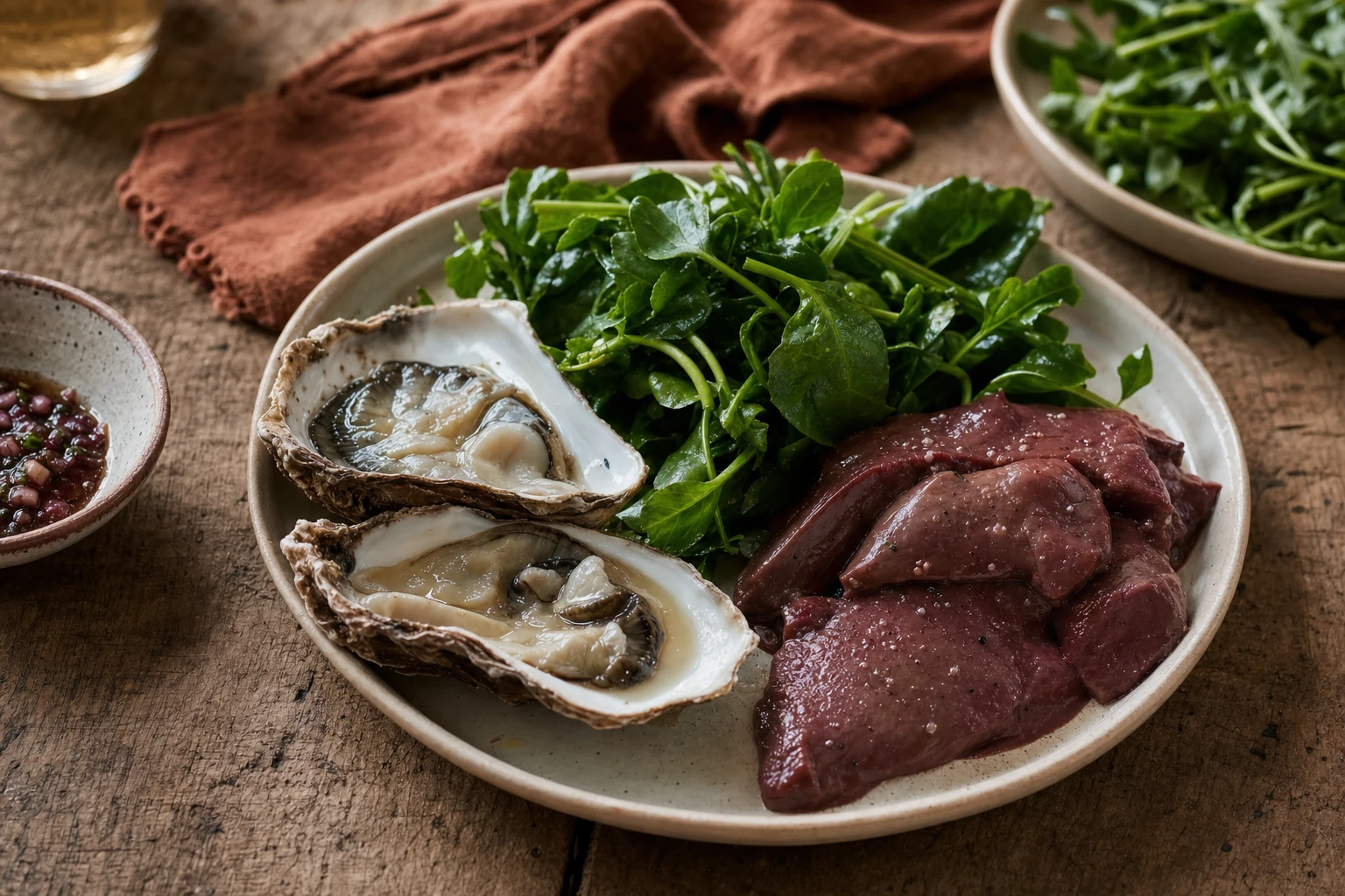Plate with beef liver, oysters, and leafy greens