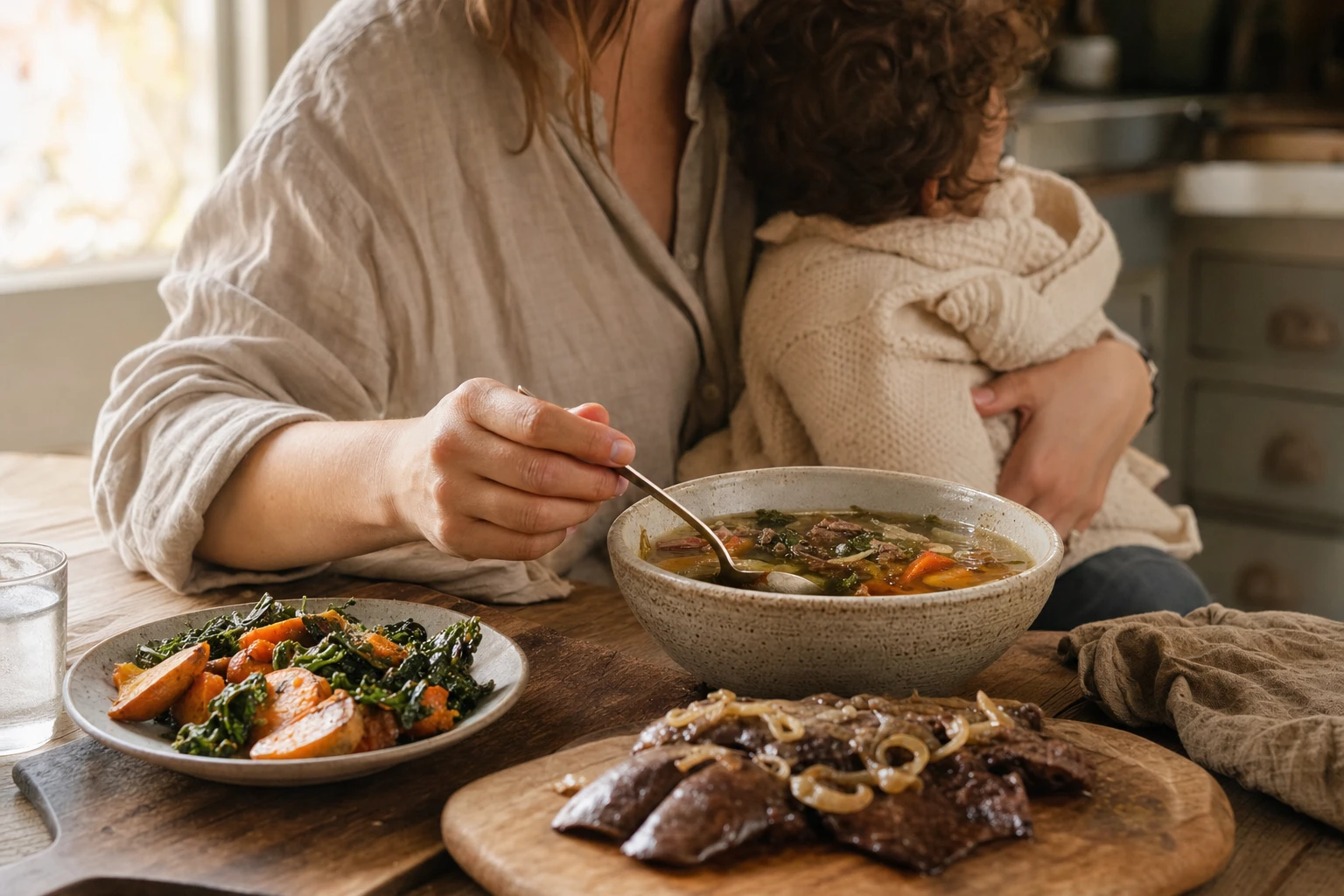 Nutritious postpartum meal with organs, vegetables, and broth