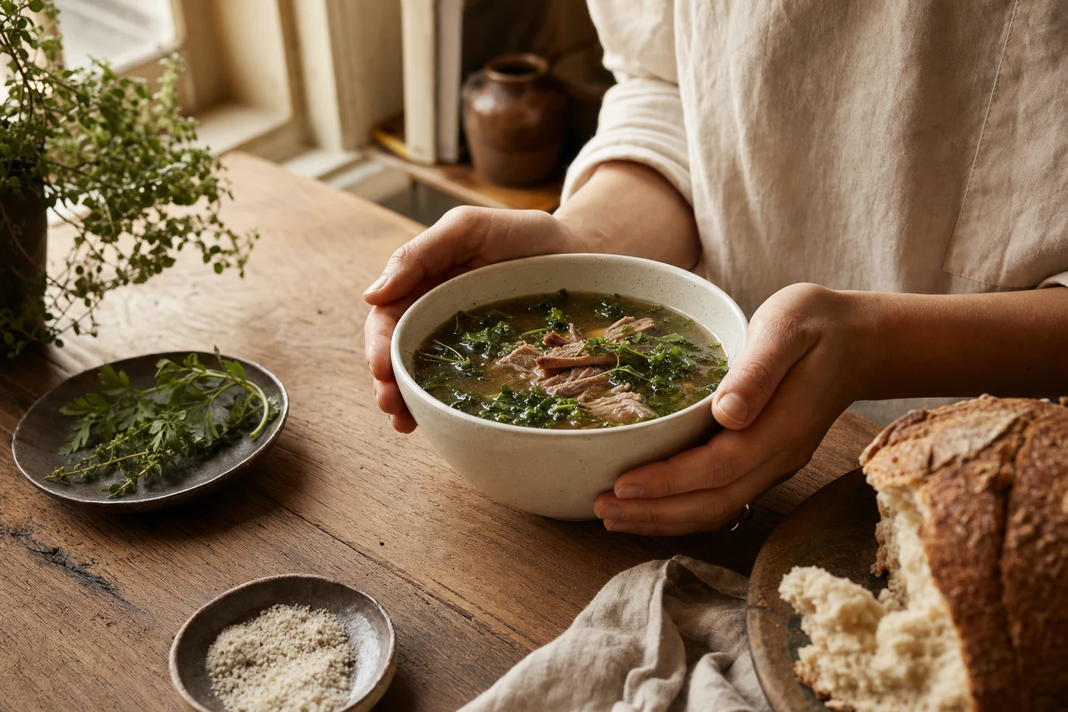 Bowl of warming bone broth with greens