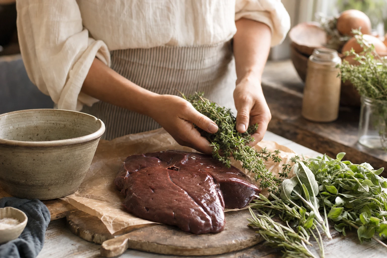 Raw liver and herbs, ready for cooking