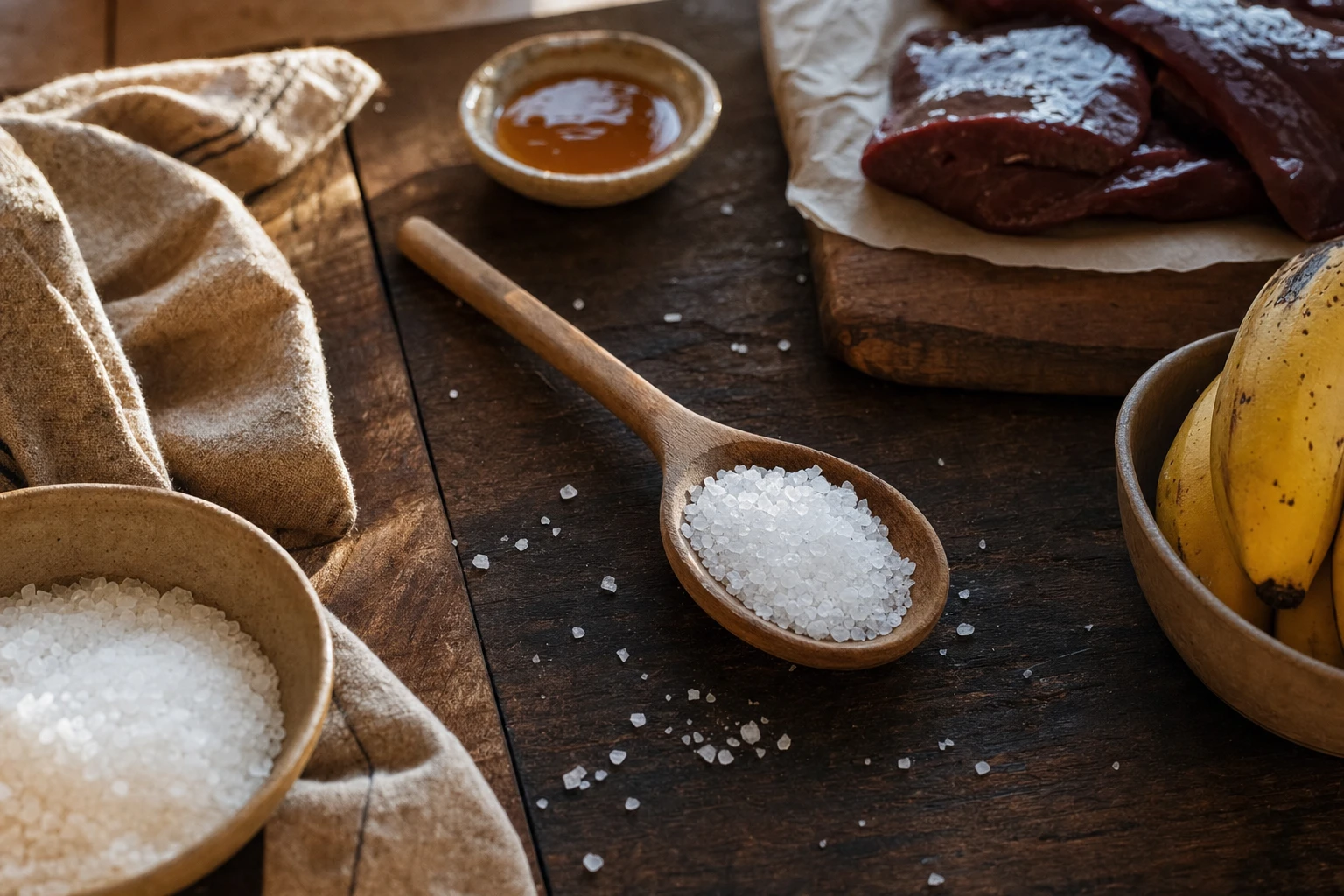 Sea salt crystals on a wooden spoon
