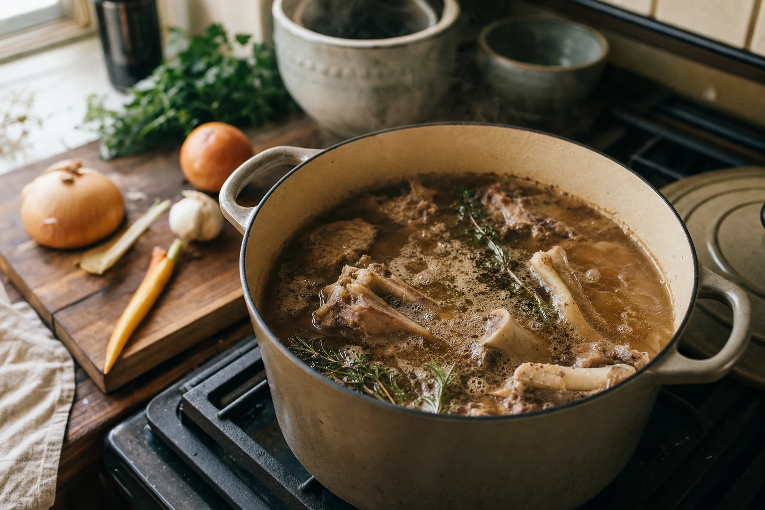 Bone broth simmering with herbs and connective tissue visible