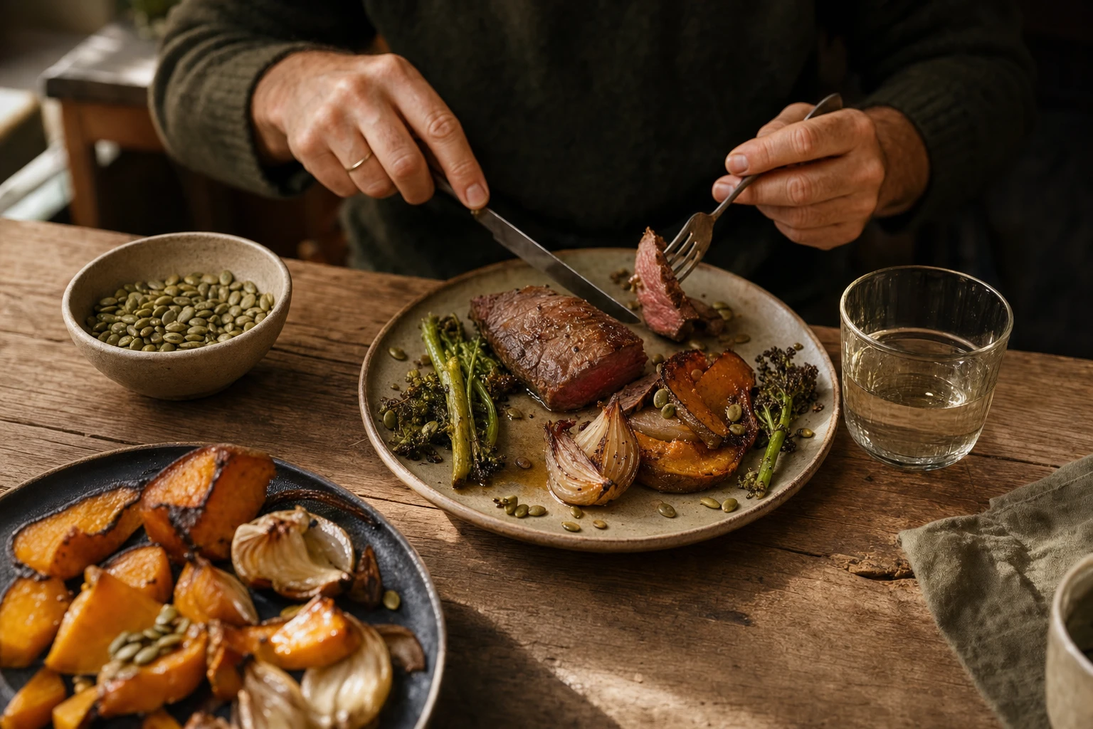 Meal with red meat, vegetables, and pumpkin seeds