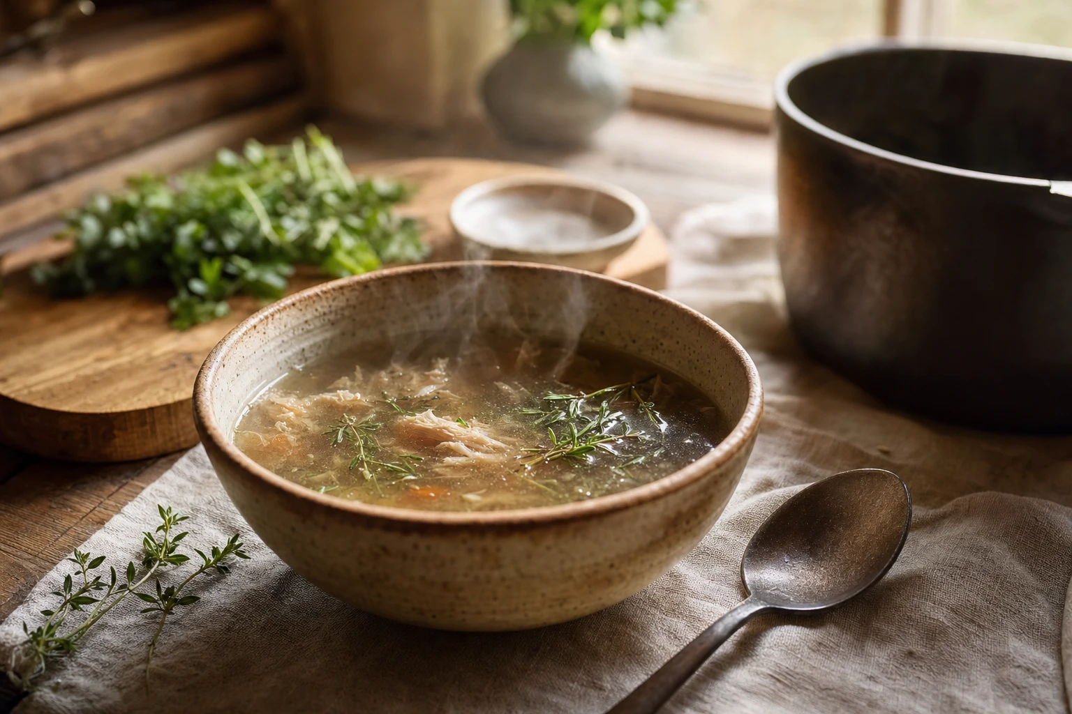 Steaming bowl of bone broth with herbs