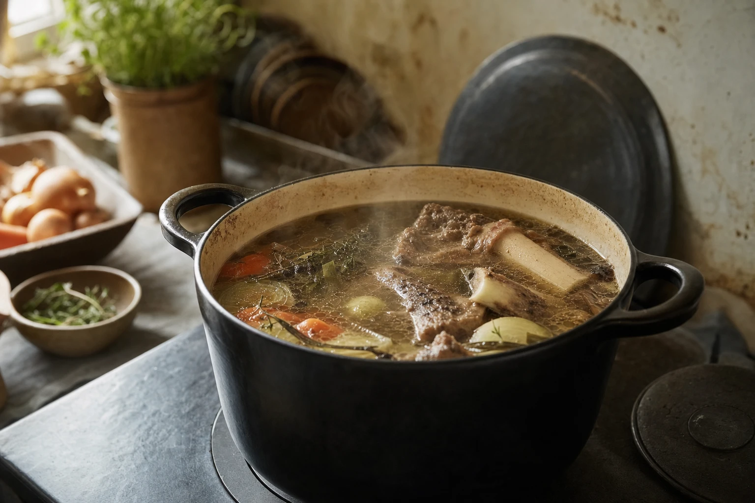 Pot of simmering bones with vegetables