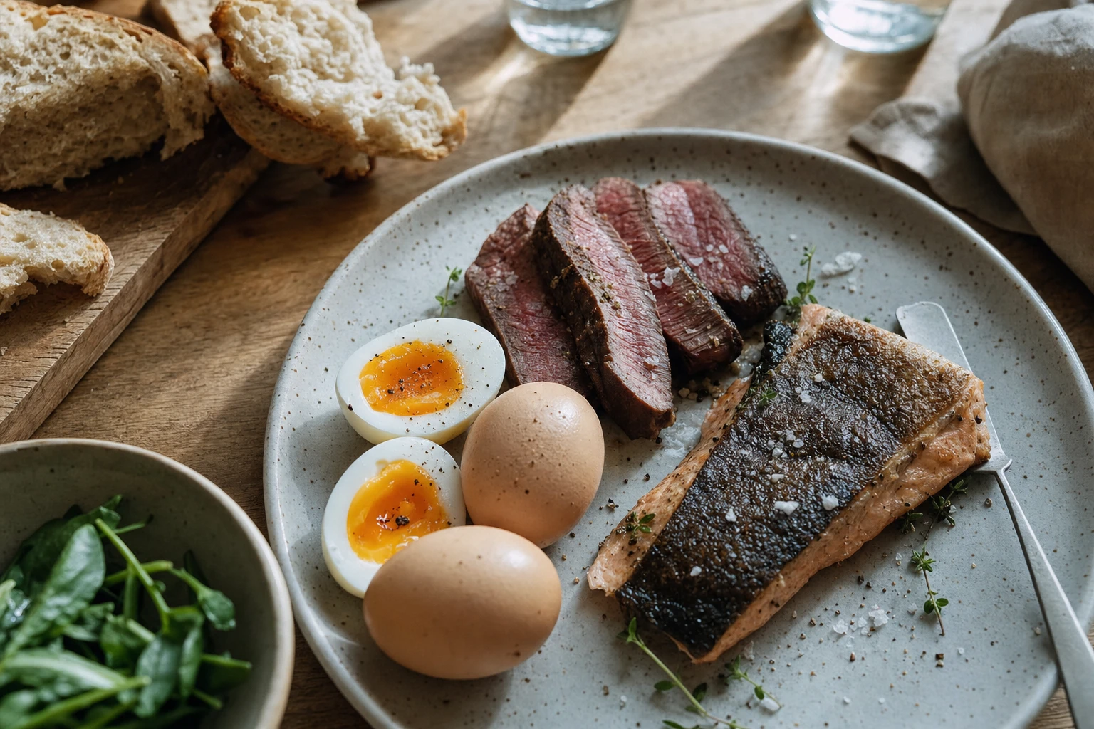 Plate with protein-rich foods like fish, eggs, and meat