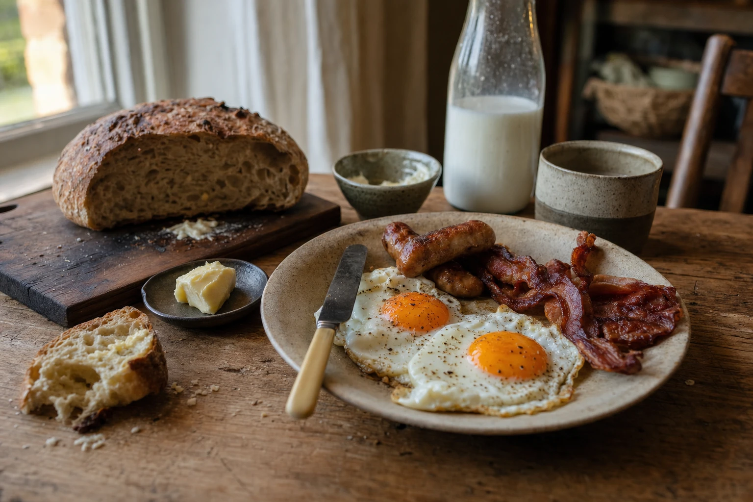 Breakfast with eggs, meat, and full-fat dairy