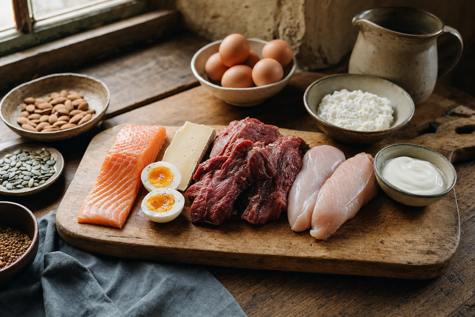 Variety of protein-rich foods arranged on a wooden board